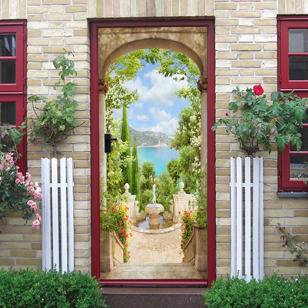 Nature Scenery Door Decal 3D Removable Vinyl Sticker, Adhesive Forest Pathway Wallpaper for Bedroom Entryway