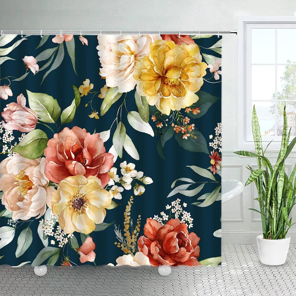 Boho Floral Shower Curtain, Hawaii Tropical Leaves Flower Bath Curtain Botanical Nature Summer Bathroom Decor Curtain with Hooks