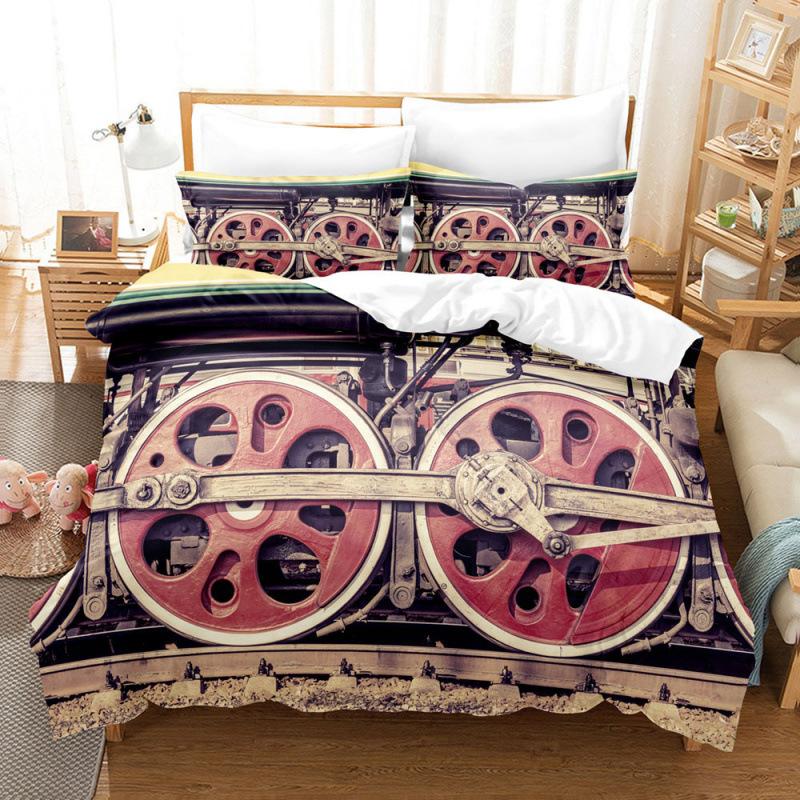 Steam Locomotive, Old-Fashioned, Shabby Train, Transportation, Digital Printing, Three-Piece Bed Sheet