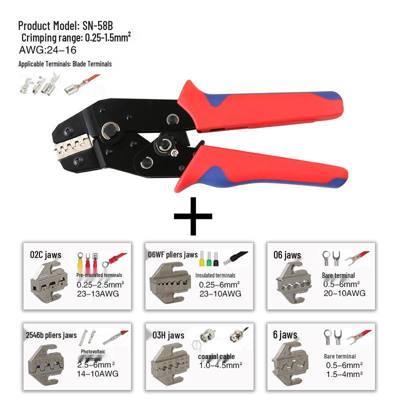 SN-58B Crimping Pliers Set for Pre-Insulated and Bare Terminals with Jaws 2546B/06WF/03H/06/02C