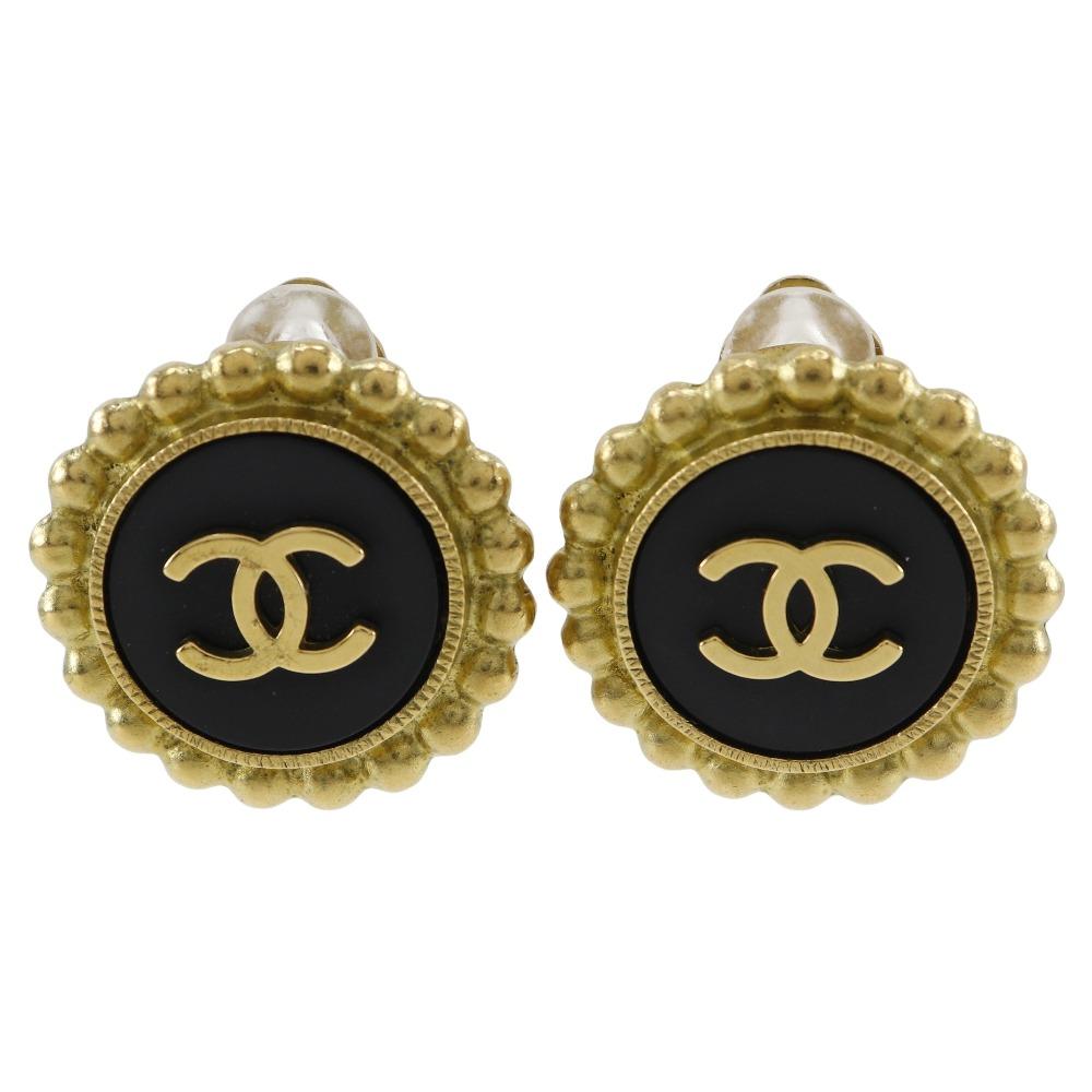 CHANEL COCO Mark Earring vintage black Plated Gold 28.5g Women Used