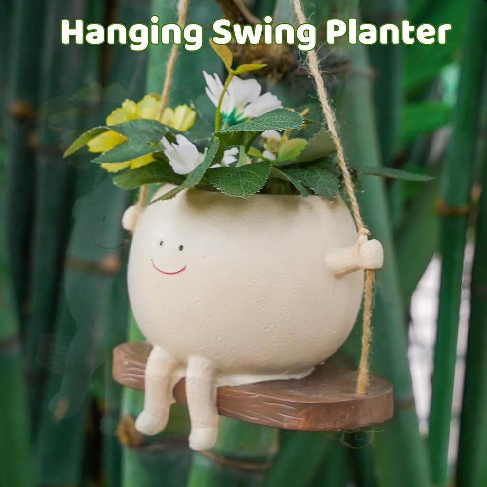 Resin Cartoon Swing Wall Hanging Flowerpot - Creative Head Planter for Home Garden Patio Decor, Multifunctional Outdoor Planters