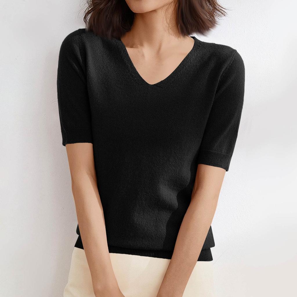 Women's Sweater T-Shirt Short Sleeve Knitted Tops Pullover V-Neck Sweater Lightweight Casual Color Sweater Elegant Spring Summer Tops