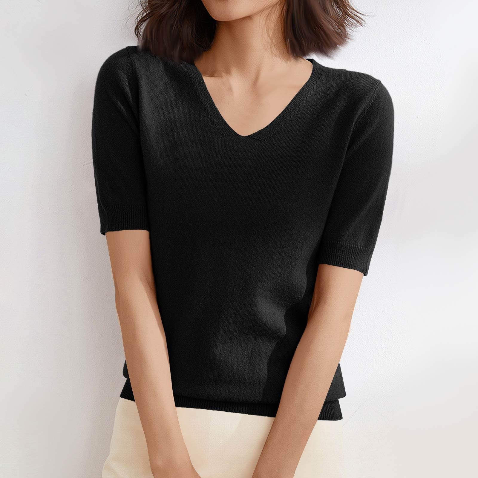

Женский Свитер Футболка С Коротким Рукавом Вязаные Топы Пуловер Свитер С V-Образным Вырезом Легкий Повседневный Цветной Свитер Элегантные Топы Весна Лето XL чёрный