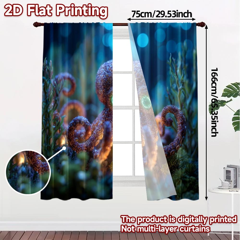 2pcs   2D FLAT PRINTING Curtains (Without Rod) Glowing Octopus Popular Pattern Curtains Yarn Curtains Thermal Insulation   and