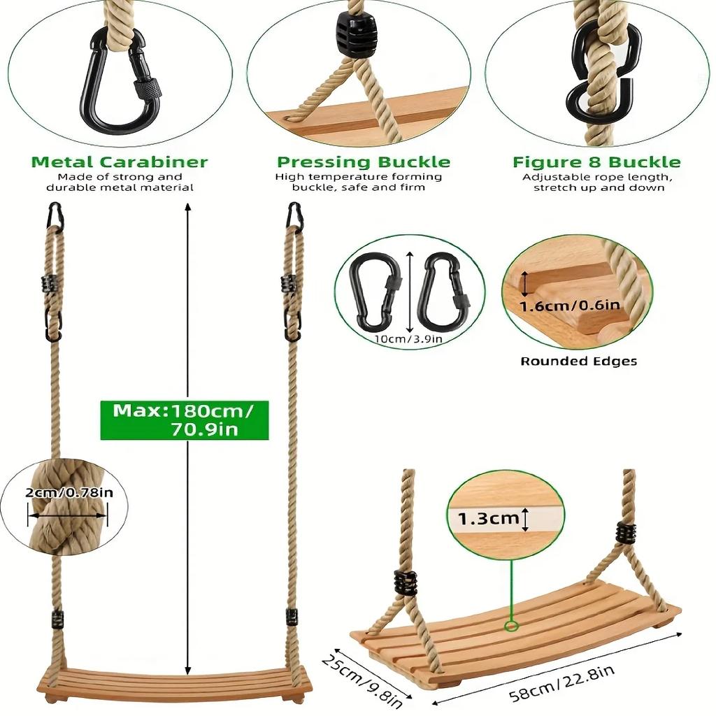 Wooden Swing Adult Outdoor Swing Chair Heavy-Duty Wooden Indoor Outdoor Porch Swing Backyard Garden Hanging Seat Party Activity