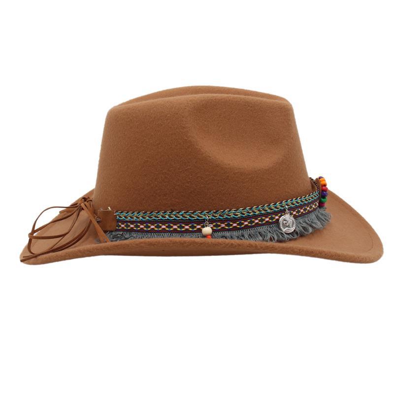 Ethnic Bowler Hat Tassel Western Cowboy Hat Jazz Hat Turquoise Felt Hat Outdoor Literary Sun Hat