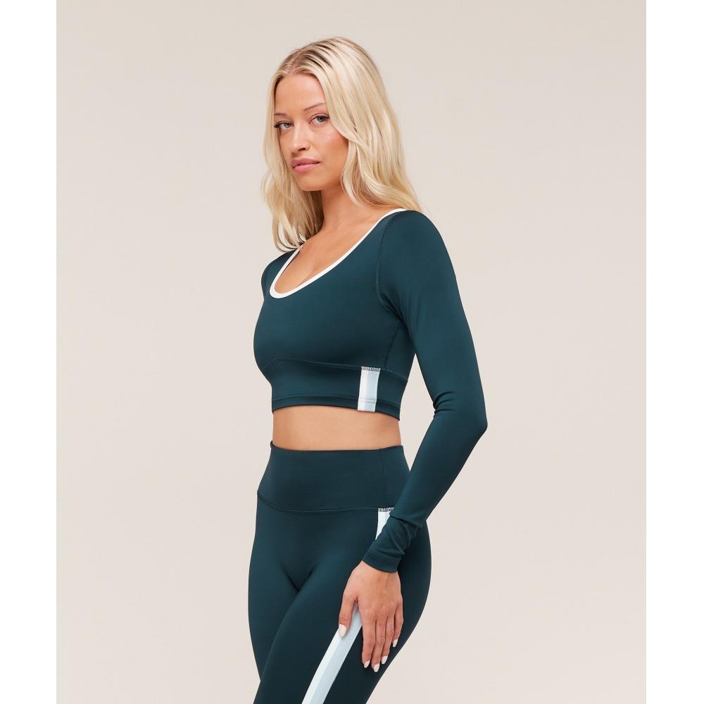 Gymshark Piping Long Sleeve Crop Top Deep Petrol Blue Smoke Blue Soft White B4c3t Udxp