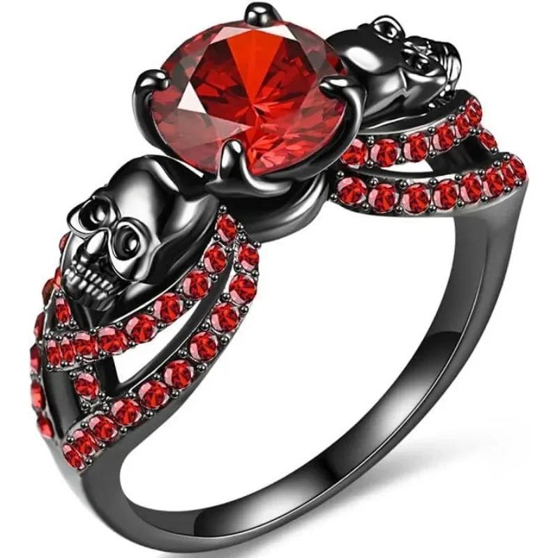 Gothic Black Ring Red Crystal Vampire Double Skull Rings for Women Party Wedding Jewelry