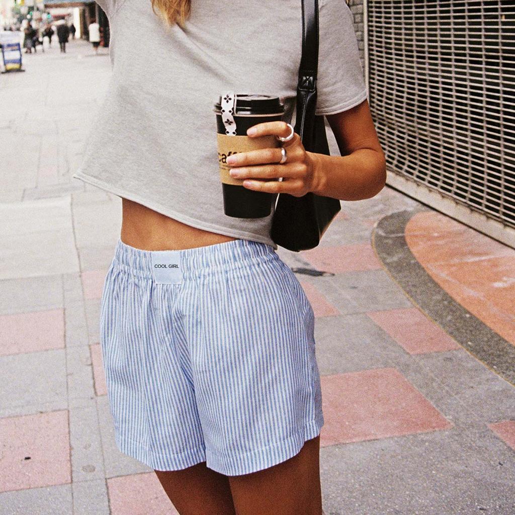Women Striped Shorts, Elastic Waist Casual Shorts Summer Streetwear for Daily Date