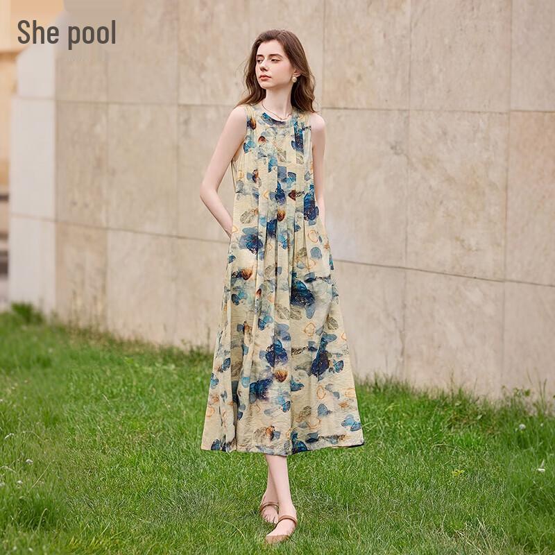 Sleeveless Round Neck A-line Print Midi Dress S