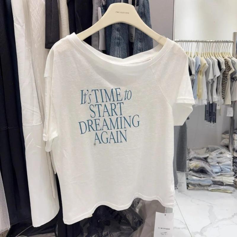 

letter print off shoulder short sleeve t shirt It s TIME to START DREAMING AGAIN for women S белый
