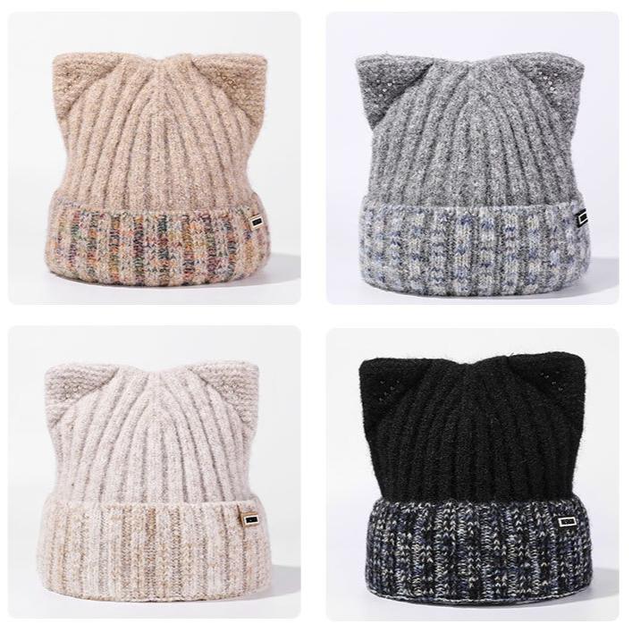 Czapki dziergane z kocimi uszami Jesienne i zimowe ciepłe, urocze, wszechstronne czapki damskie