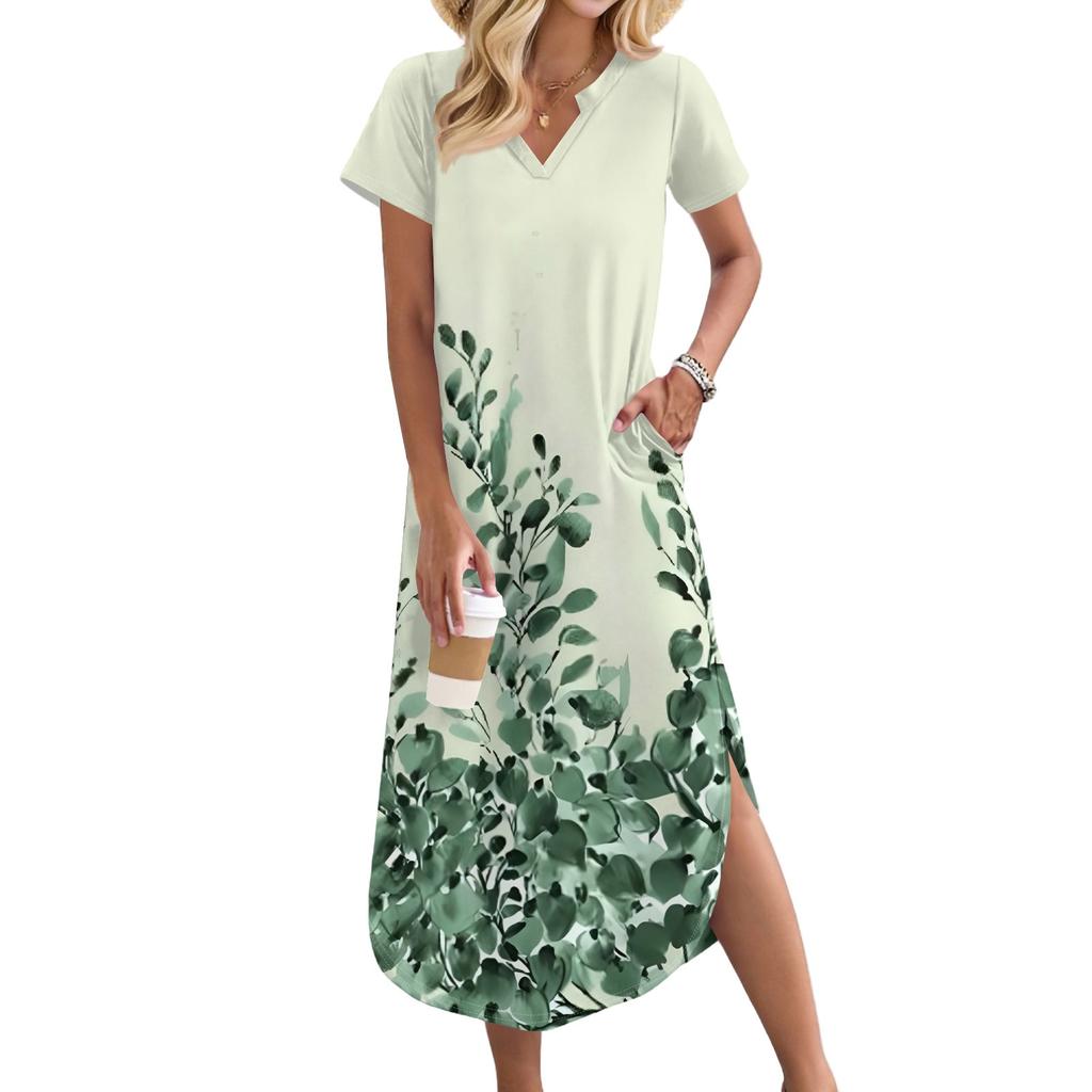 Dámská dlouhá sukně pro volný čas Dlouhé košilové šaty s výstřihem do V Volný rozpark Sváteční šaty s krátkým rukávem