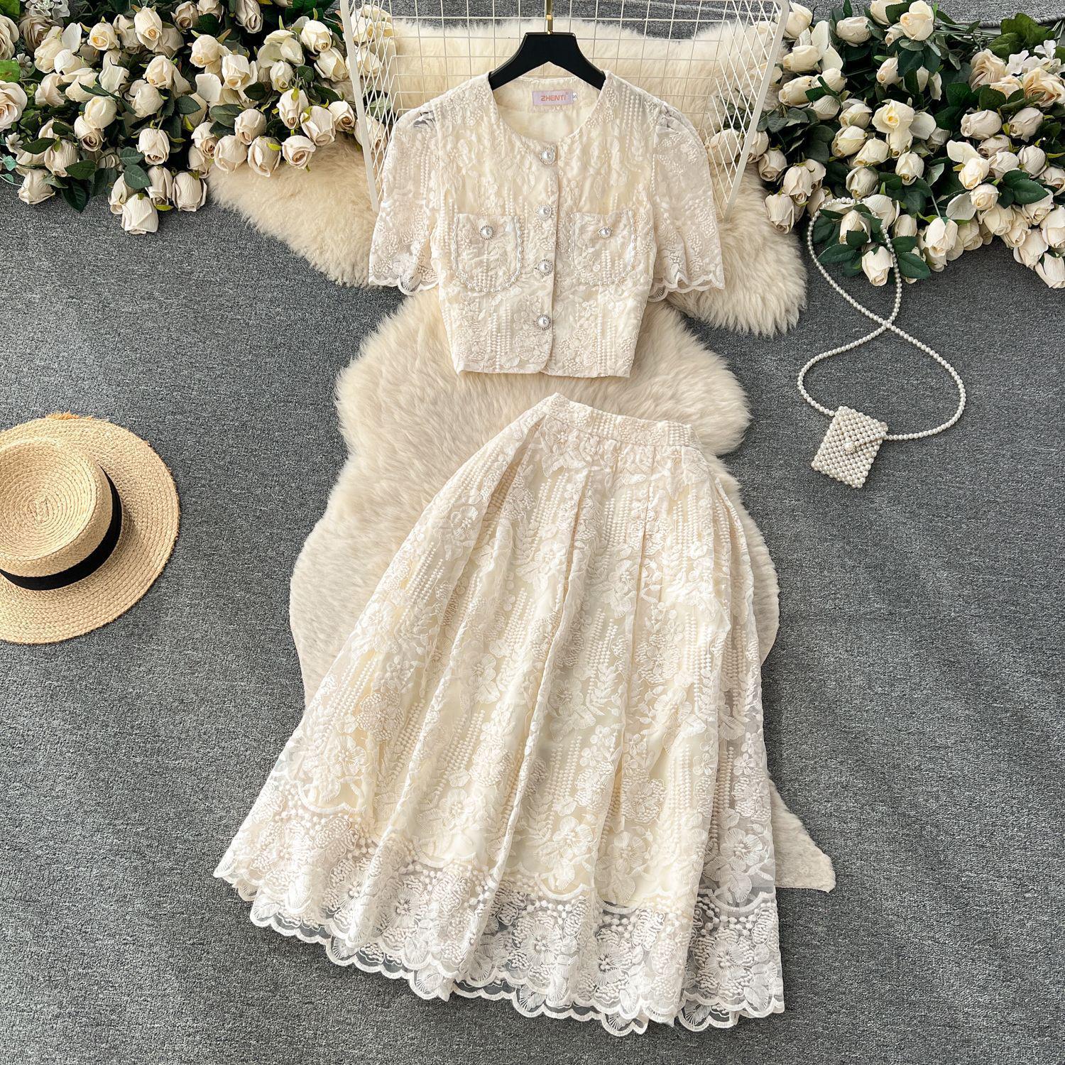 Elegant Socialite Set: French Lace Puff Sleeve Shirt & High-Waisted Slimming Skirt XXL