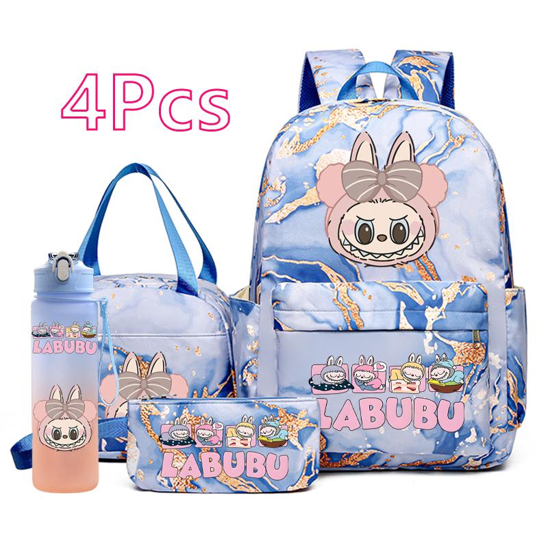 4Pcs/set Cute Anime Pirnted Backpack 750Ml Water Bottle Lunch Bag Pencil Bag Outdoor Student Girl Large Capacity Schoolbag Water Cup
