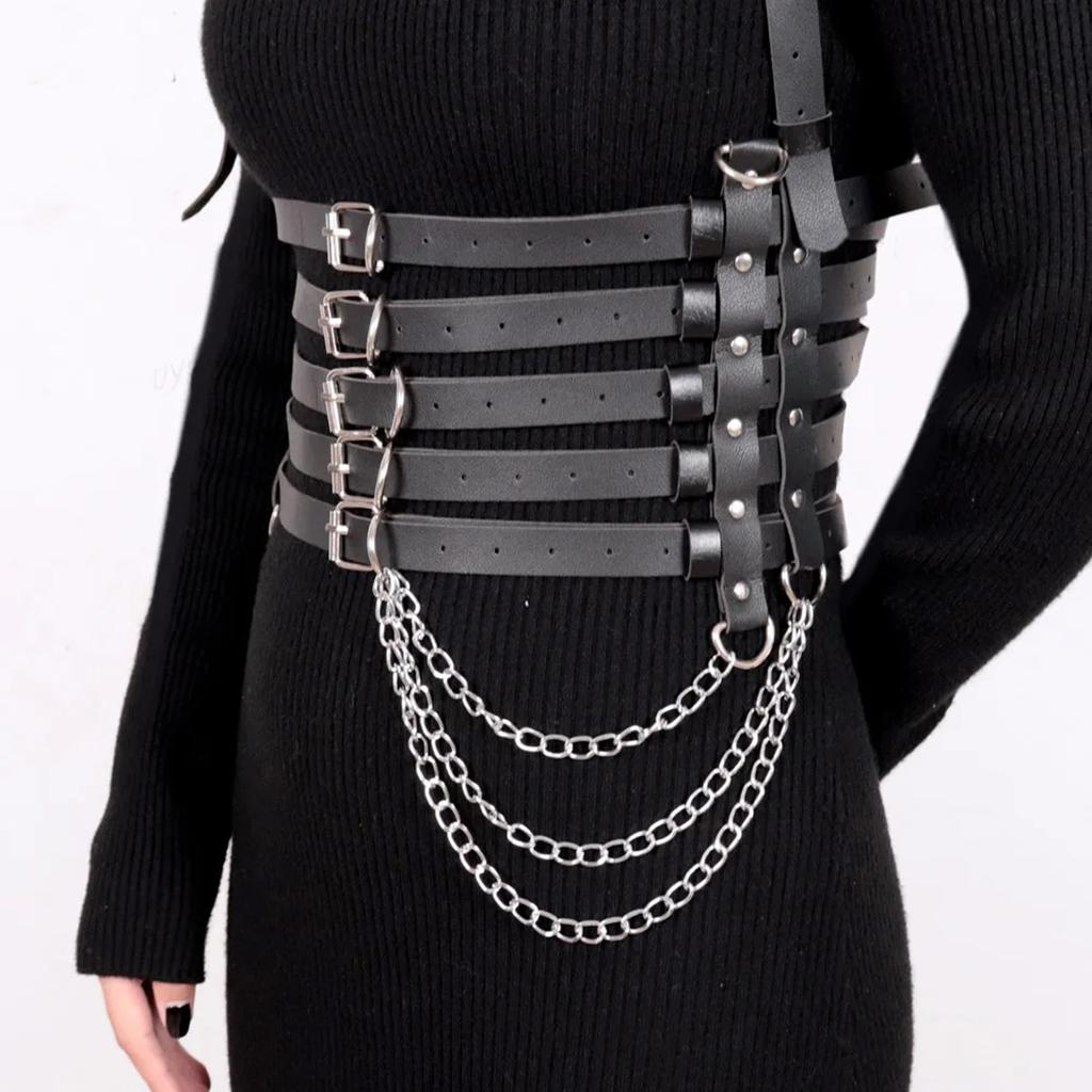 Women's Punk Rock Body Harness Belt with Chain - Adjustable Faux Leather Waist Cinch for Gothic Outfit