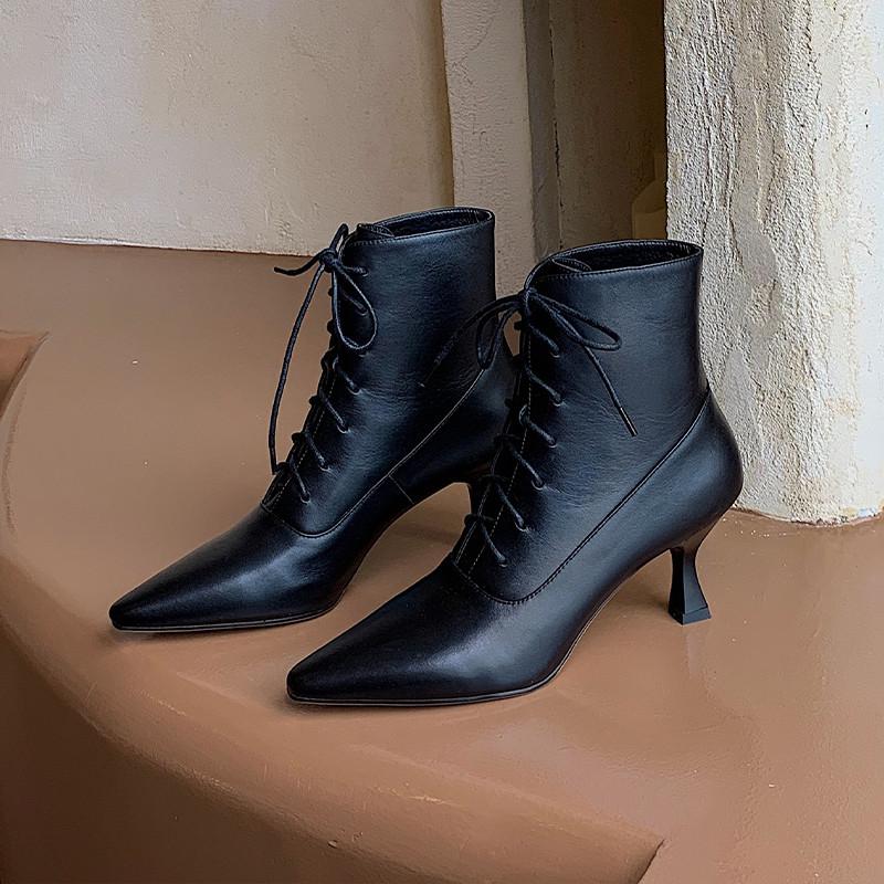 Fashion Hot Genuine Leather Women Boots Fashion Lace-up Ankle Boots Pointed Toe Thin Heels Modern Boots Handmade Women Shoes Cross-tied