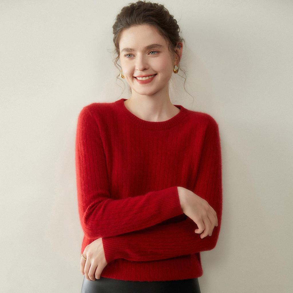 Women's Light Luxury Cashmere Sweater - Autumn/Winter Cable Knit, Round Neck, Slimming Fit, Long Sleeve.