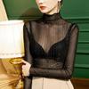 Women T-Shirt See Through Transparent Mesh Tops Long Sleeve Slim Ladies Turtleneck Silk Ruffled Edge T Shirt Lace Crop Top