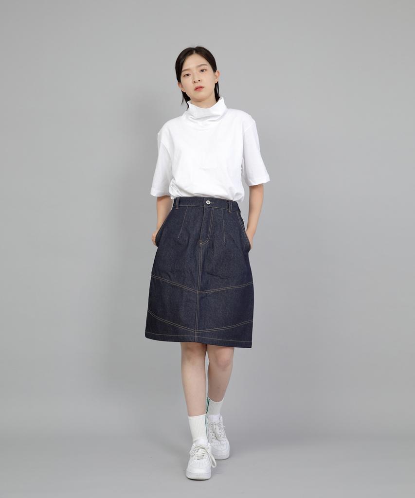 Seinteukeulu Wide Dome Half-Band Midi Skirt Wdm-1305 Indigo Denim Brs