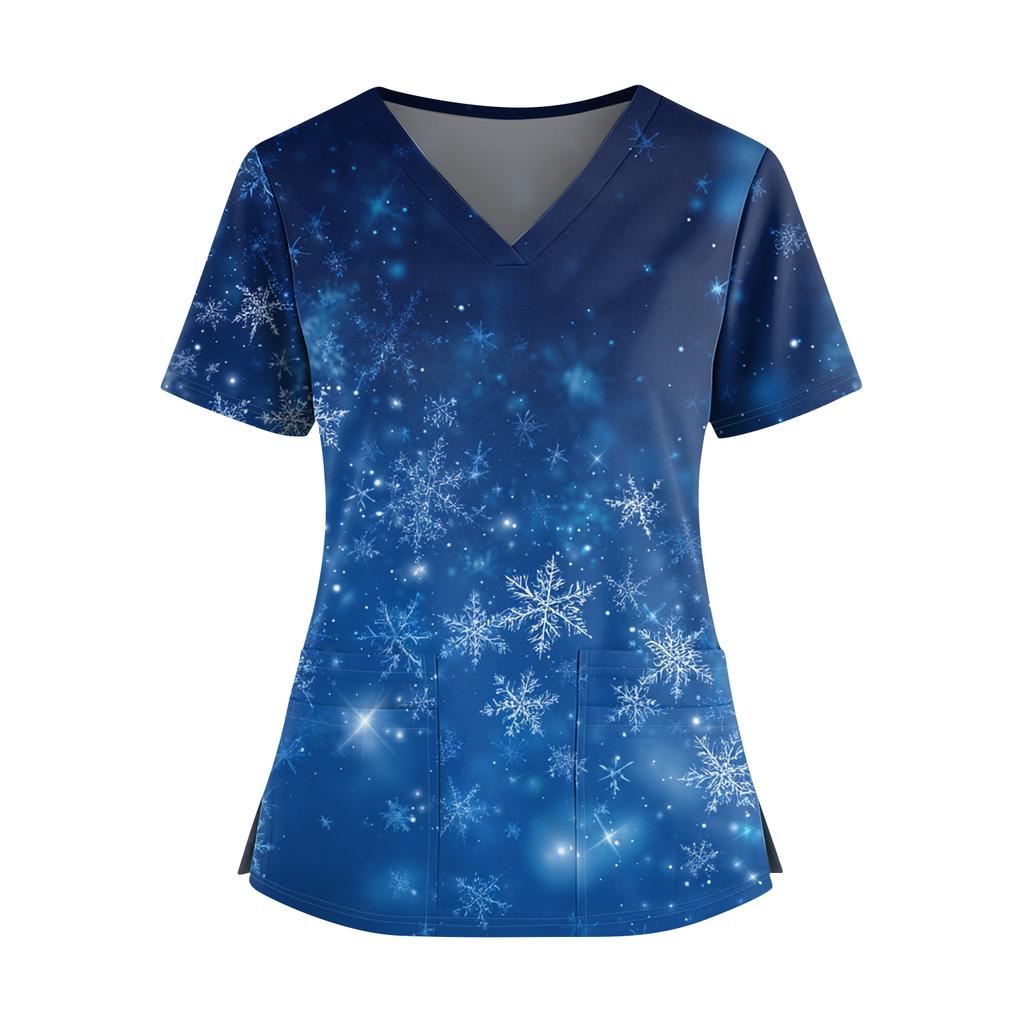 Women's Christmas Printed V-Neck Double Pocket Short Sleeves Hem Slit  Uniform Caregiver Top