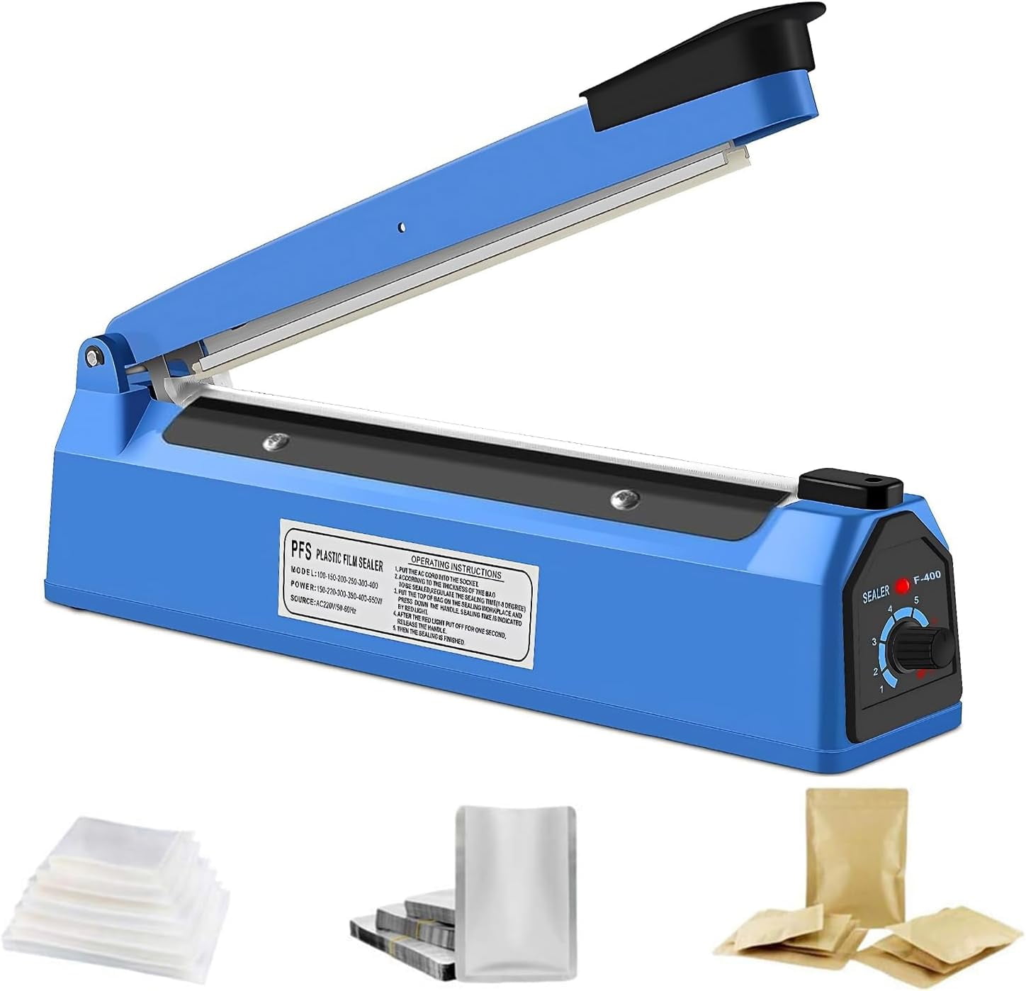 

Impulse Sealer Machine 200mm, Portable Manual Heat Sealer for Plastic PE PP PVC Bags - 8 Temperature Settings, Built-in Fuse Safety, Light Ind