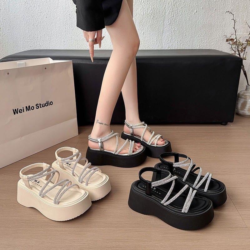 With skirt versatile high-heeled platform sandals women's outer wear 2025 summer new beautiful rhinestone open-toed beach sandals