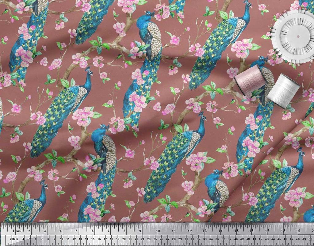 Soimoi Black Poly Crepe Fabric Pink Flower|Branch & Peacock Bird Print Fabric by the Yard 42 Inch