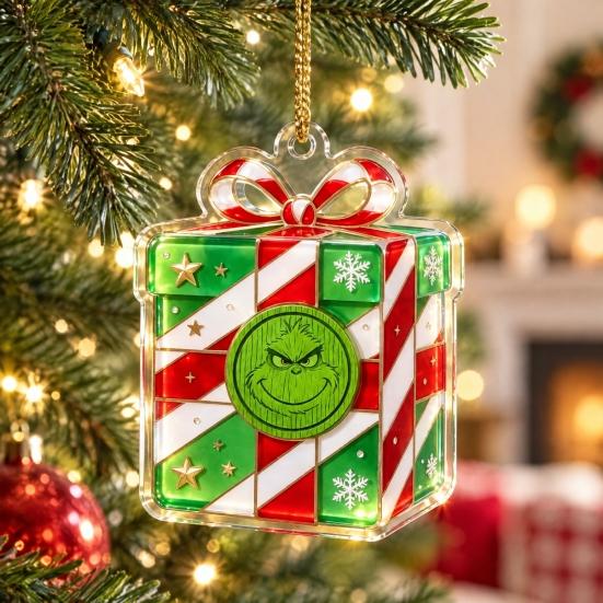 Stained Glass Style Decor Green Elf Christmas Ornament, 2D Acrylic Red Bell Tree Candy Cane Gift Box Xmas Hanging Charms Shaped Double Sided