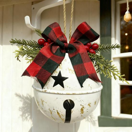 Christmas Bells Ornament Rustic Christmas Jingle Bell with Pine Needles Red Berries Plaid Bow Metal Sleigh Bell Farmhouse Xmas Tree Hanging Decor