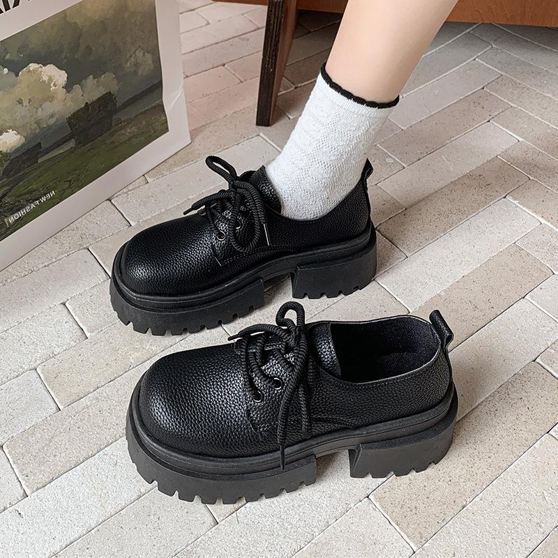 British Style Loafers Women's Spring New Baitie Fashion with Skirt Thick Sole Heightening Korean Version Lace-up Small Leather Shoes