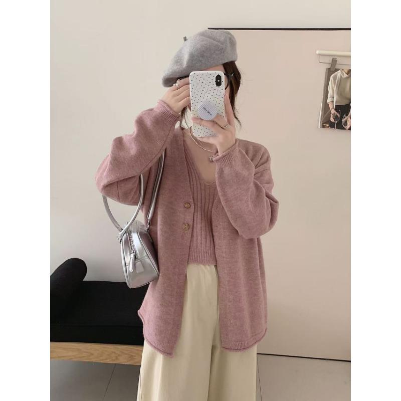 Lazy Wind Knitted Sweater Cardigan Sweater Jacket Top with V-neck Sling Vest Simple Two-piece Set Women
