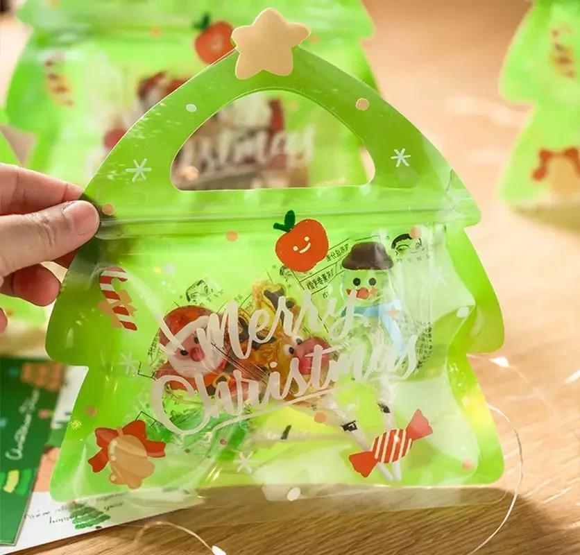Christmas Tree Treat Bags for Kids Party Favors Reusable Ziplock Goodie Bags with Handles for Holiday Candy Storage Pouches