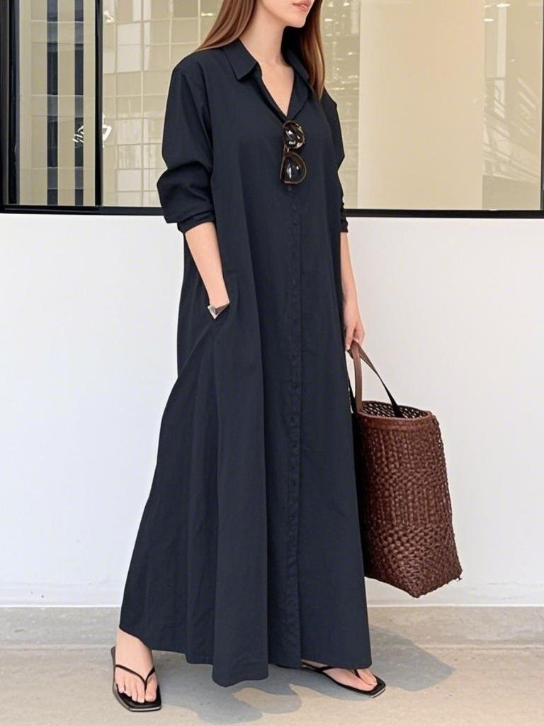 Women's Lapel Long Sleeve Plug Pocket Loose Casual Long Shirt Dresses