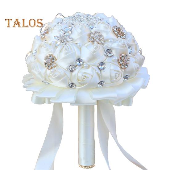 Wedding Bouquet for Bride Satin Artificial Flower Bridal Bouquet with Rhinestones Faux Pearls Bridesmaid Flower Bunch with Handle for Wedding