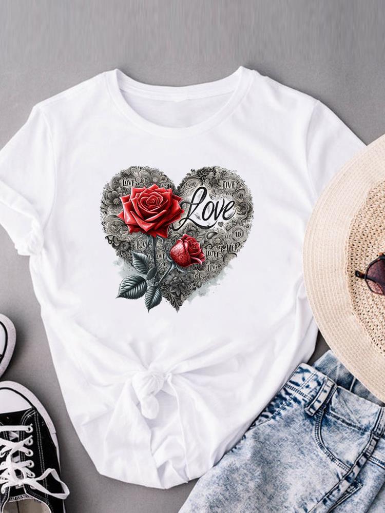 (Asian Size)  watercolor love flower Print Short Sleeve T-shirts Fashion Female Casual Women's Top T Clothing  Graphic Tee