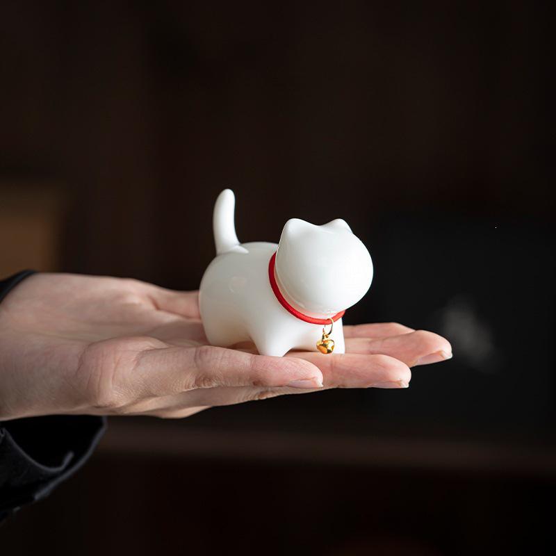 Jade Porcelain Cat Tea Pet Ornament for Kung Fu Tea Ceremony