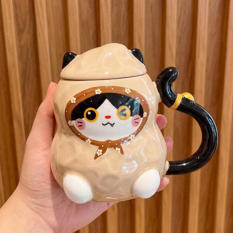 

Peanut Cat Ceramic Mug with Lid - Adorable Gift for Girls and Children Standard