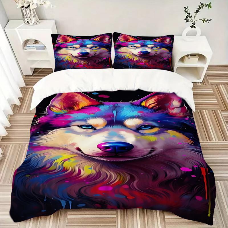 3pcs Colorful Wolf Art Duvet Cover Set -Includes 1 Duvet Cover and 2 Pillowcases, No Quilt Core, All-Season Home Decor  yy251111166