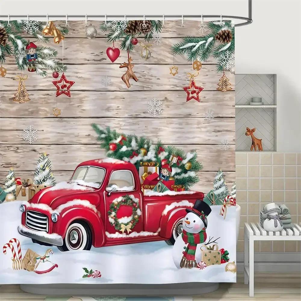 Christmas Shower Curtain Funny Cartoon Santa Claus Silver Fir Branches Snowflakes Grey New Year Home Decor Bathroom Curtains Set