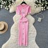 Light Luxury Small Fragrant Style Knitted Gentle Dress Women's Summer Metal Buckle Slim and Thin A Word Elegant Temperament Long Dress