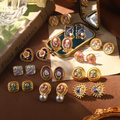 French Court Style Natural Pearl Oil Painting Series Niche High-end Earrings Retro New Love Geometric Earrings Women