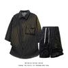 Mens 2 Piece Outfits Striped Short Sleeves Button Down Collared Shirt Matching Shorts Sets