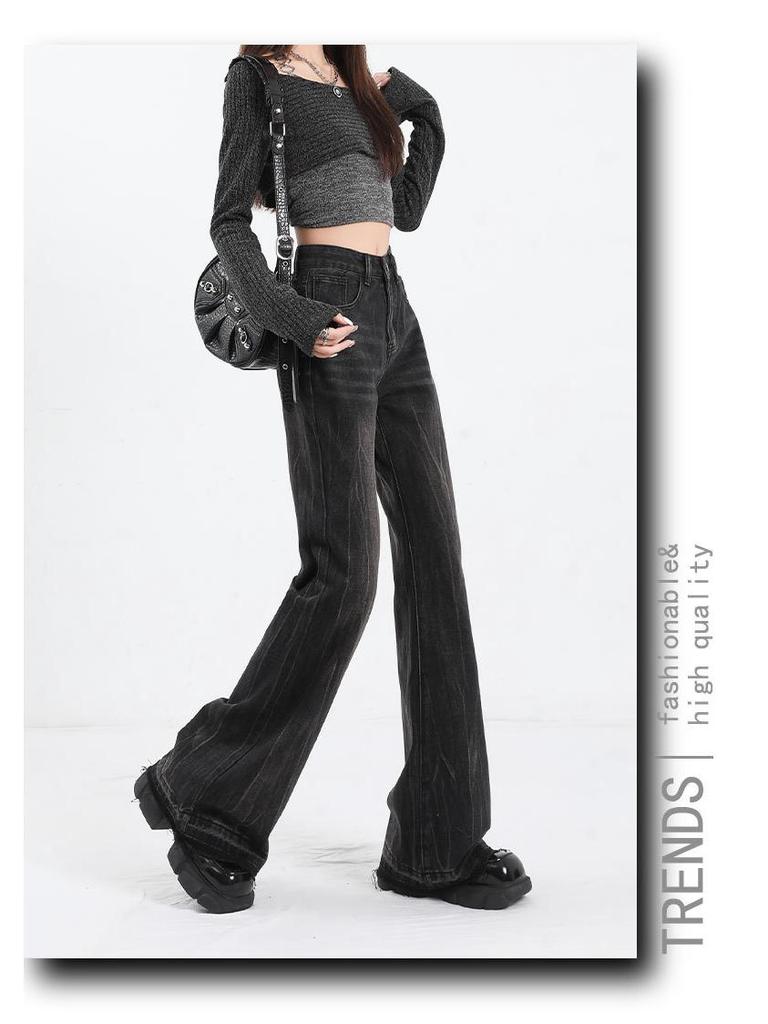 Women's Black-Gray Micro-Flared Jeans, Plus Size, Floor-Length, 2024 Autumn/Winter Trendy Horseshoe Style