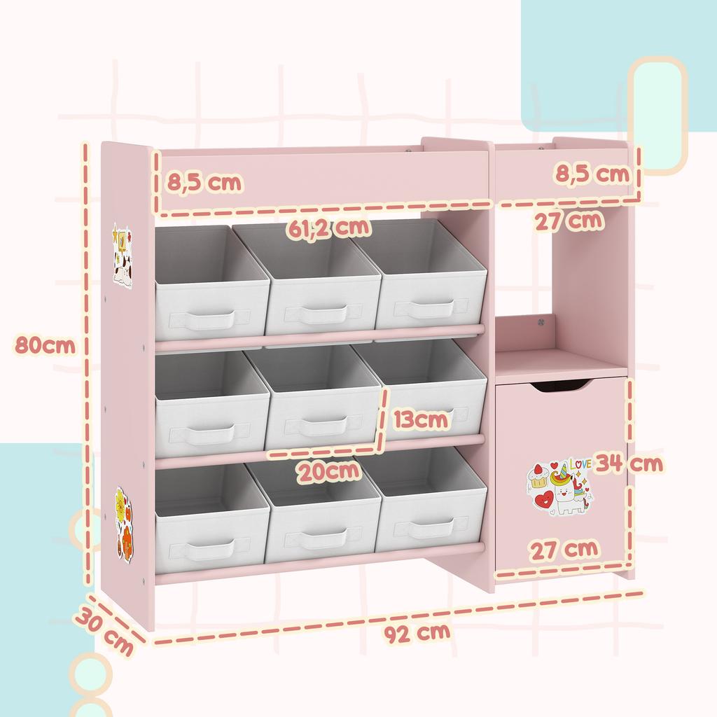 Kids Toy Storage, 9 Removable Fabric Bins, Wooden Toy Storage Units for Toys and Books for Bedroom, Nursery, Pink