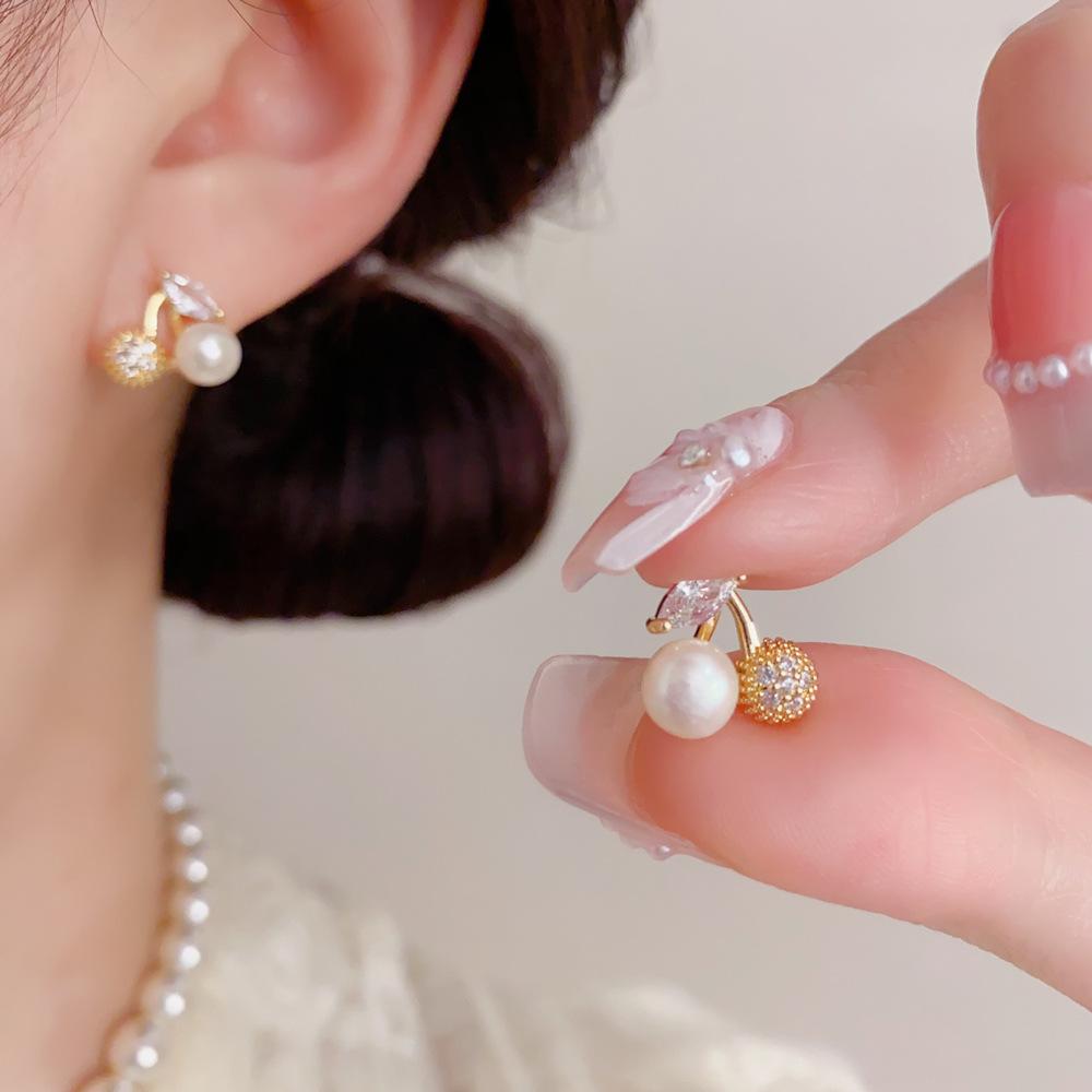 Delicate Fashion Simple Versatile Zircon Pearl Cherry Stud Earrings For Women