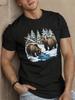 European Sizes Men's Casual Short Sleeve T-Shirt with Unique Bear & Snowy Forest Design - Breathable Polyester, Round Neck, Machine Washable -