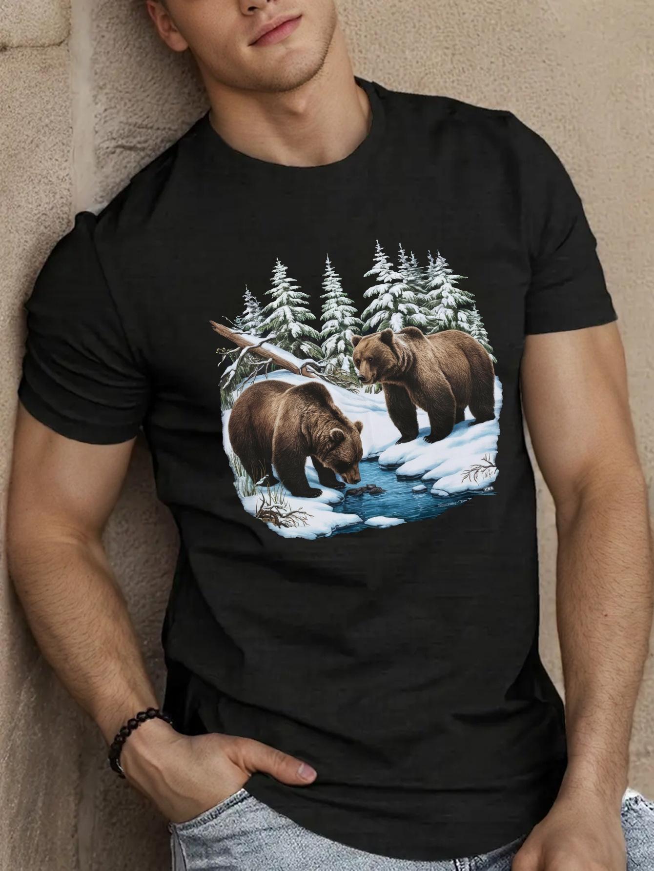 

European sizes Men s Casual Short Sleeve T-Shirt with Unique Bear & Snowy Forest Design - Breathable Polyester, Round Neck, Machine Washable - 4XL чорний