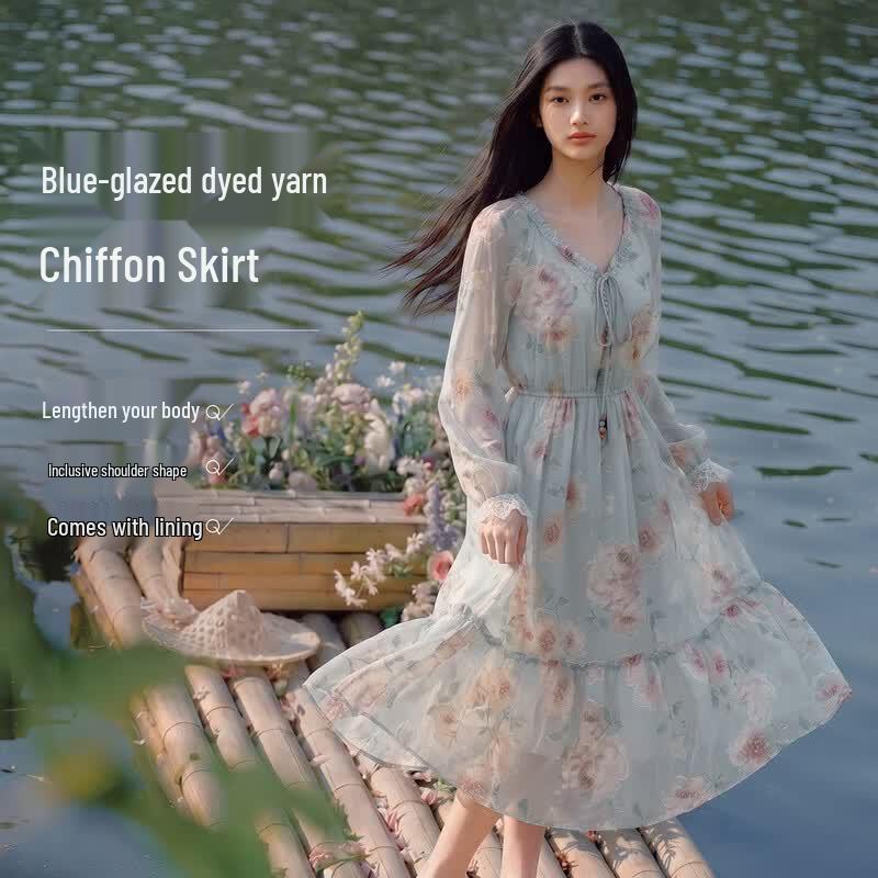 Elegant Chiffon Printed A-Line Dress XL